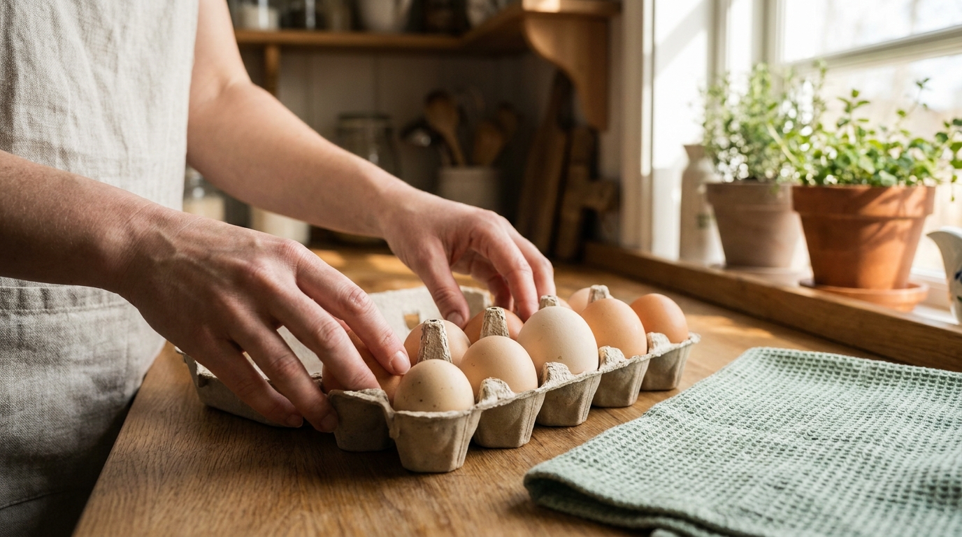 A carton of eggs of clearly different sizes on a wooden kitchen counter, illustrating variation in size.