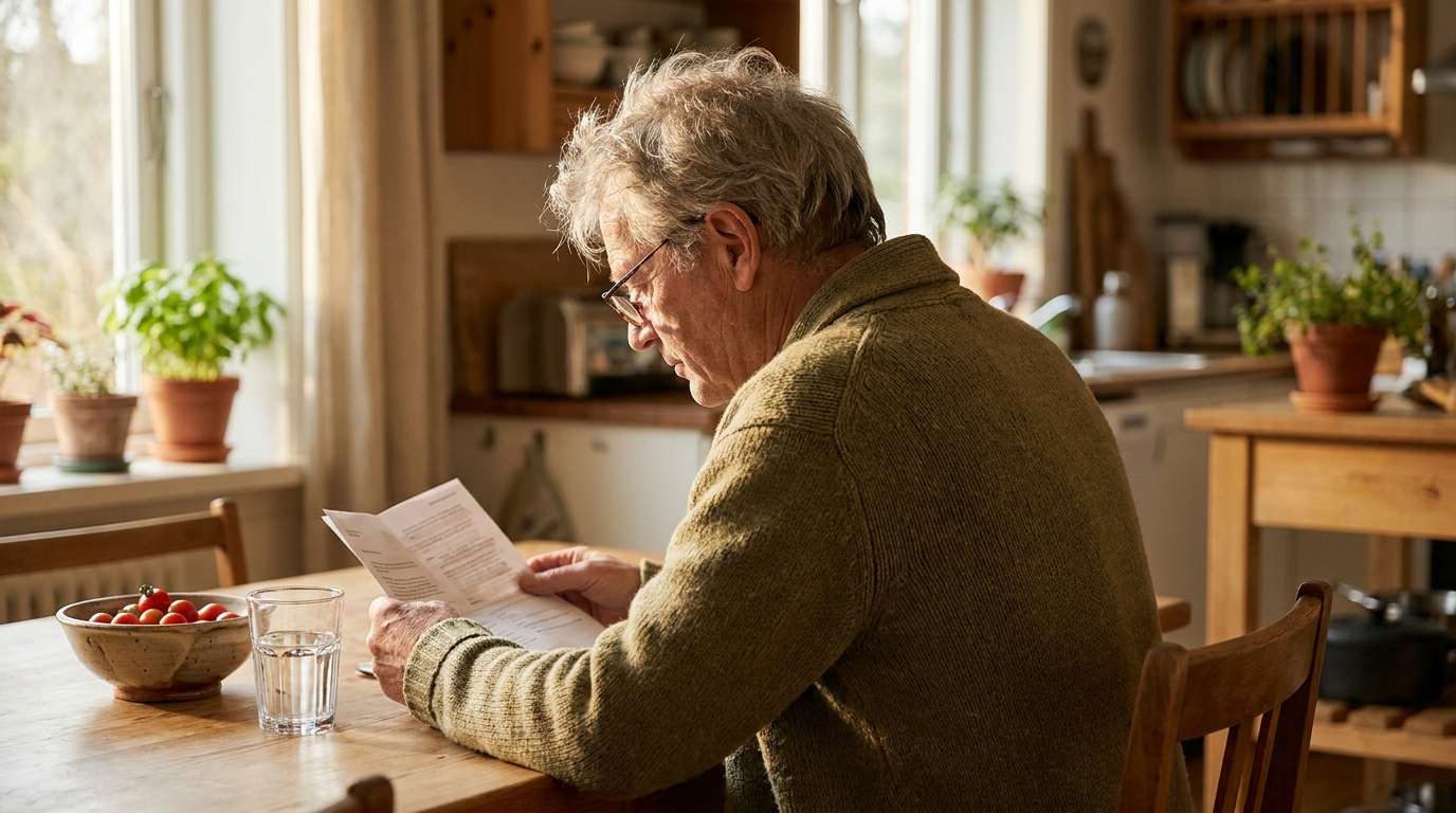 An older man in a cardigan reading a document at his dining table with reading glasses and a bowl of tomatoes.