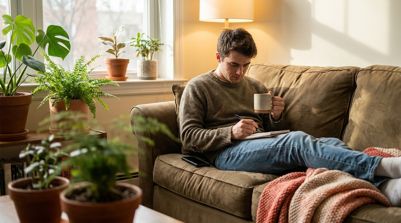 A young man relaxing on a sofa with a mug, jotting a note in a notebook, surrounded by houseplants.
