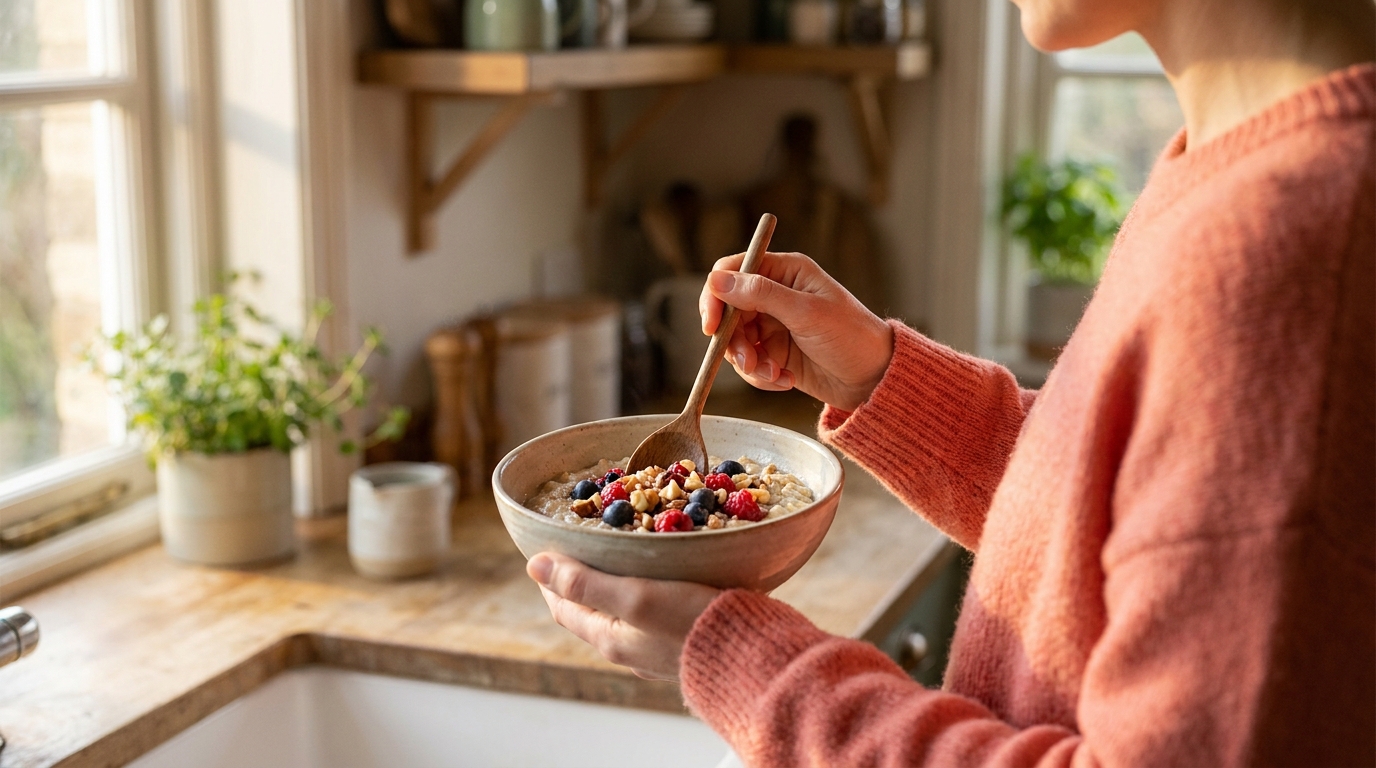 A person stirring a bowl of porridge topped with berries at a sunlit kitchen counter