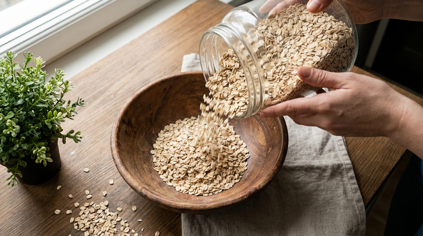 Dry rolled oats being poured from a jar into a wooden bowl on a kitchen table
