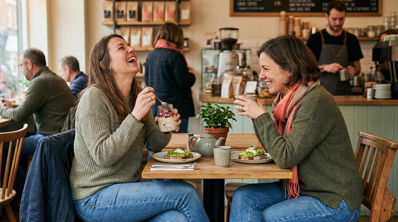 Two friends sharing breakfast at a cafe, one eating overnight oats from a jar