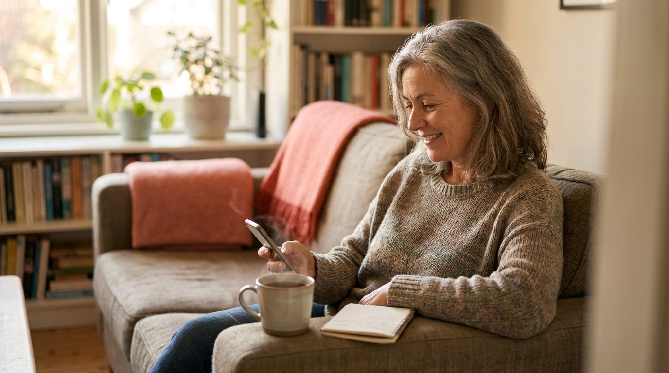 A person relaxing on a sofa with a mug of tea, glancing at their phone with a notebook beside them