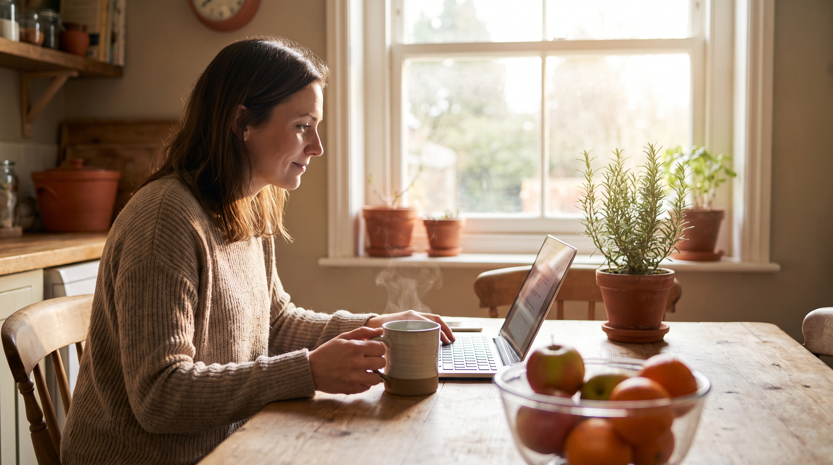 A woman reading at a sunlit kitchen table with tea and a laptop, looking calm and curious.