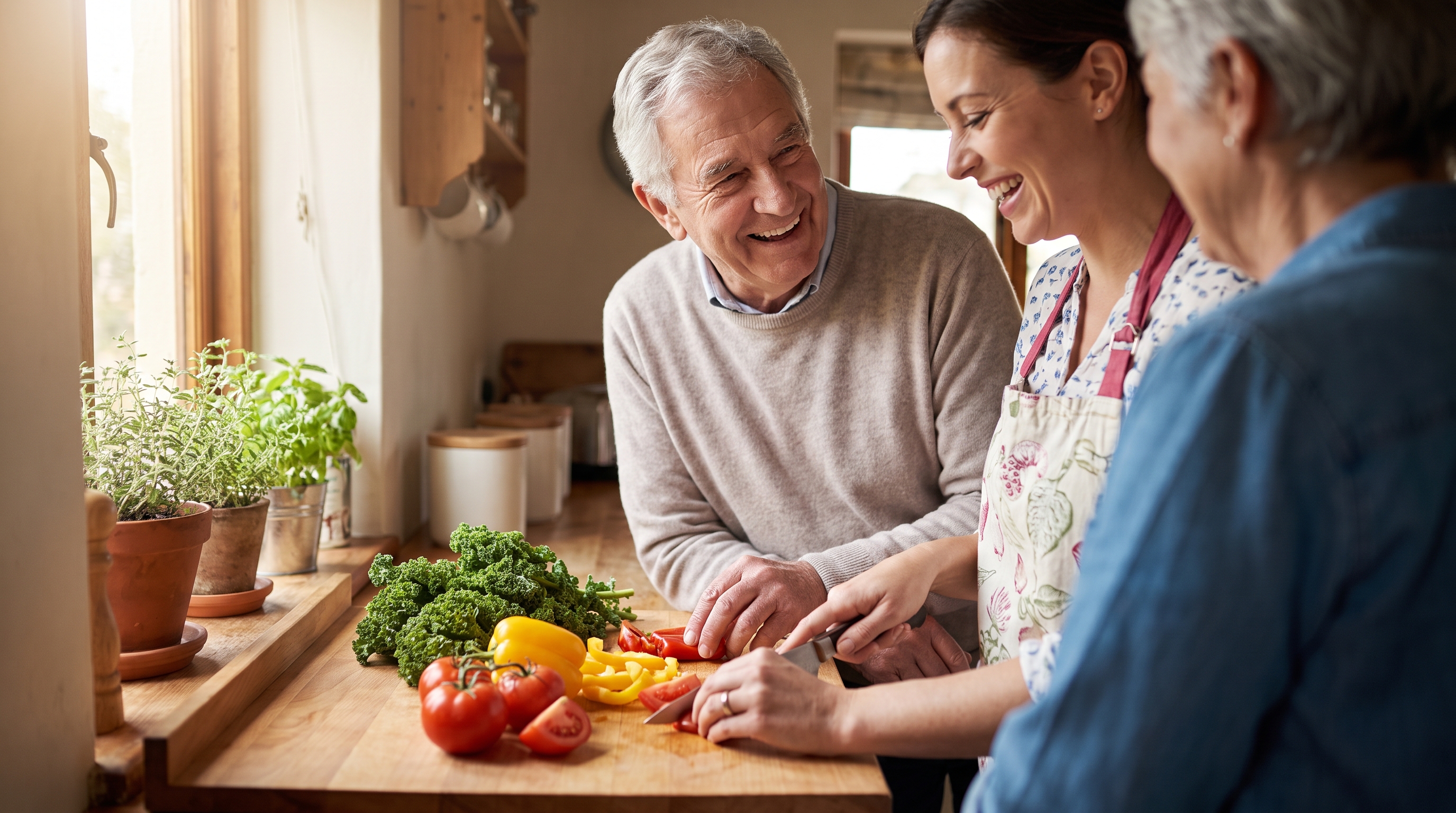 An older man and his adult daughter chopping colourful vegetables together in a kitchen.