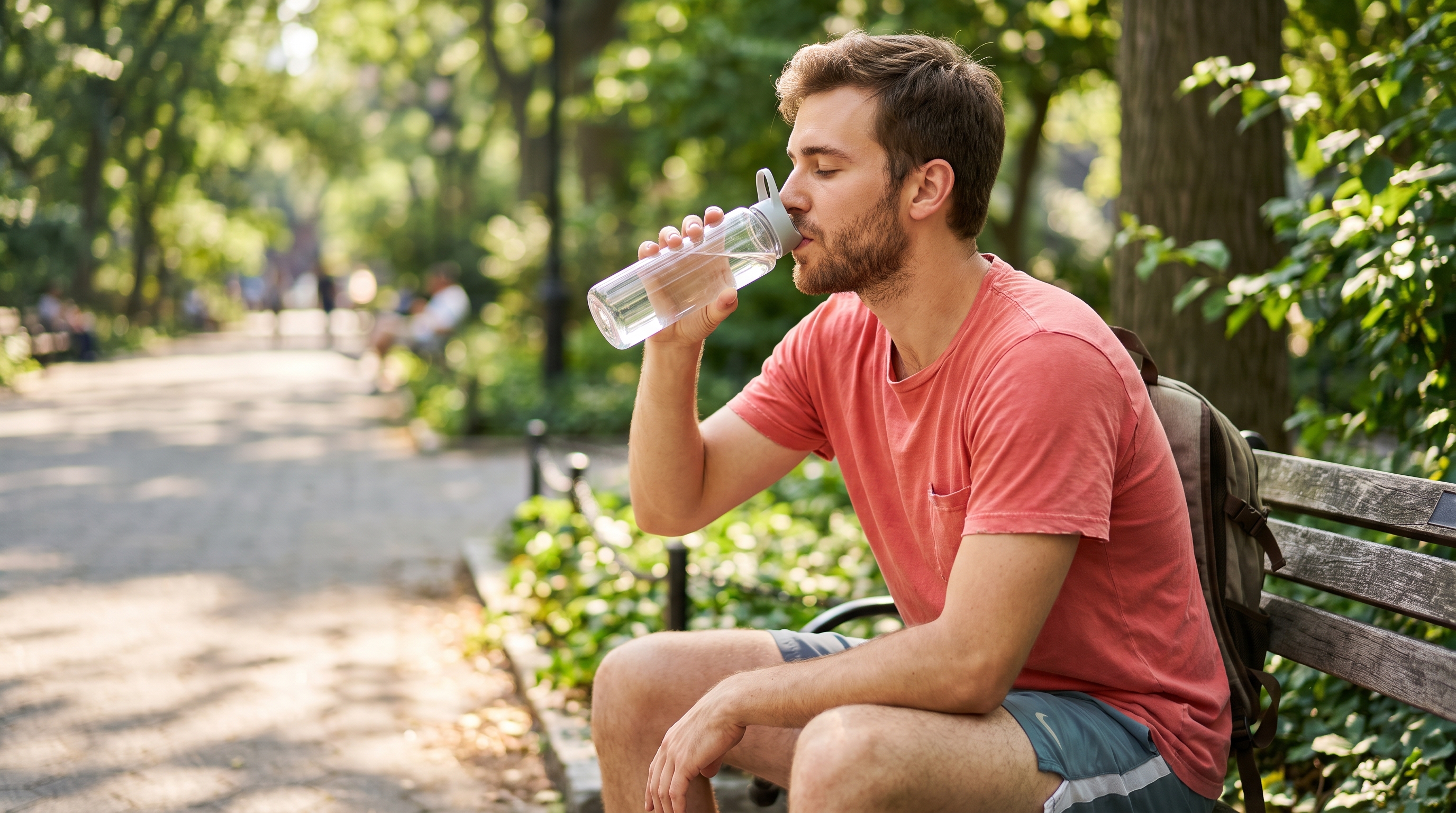 A young man resting on a park bench after a walk, drinking water in dappled sunlight.
