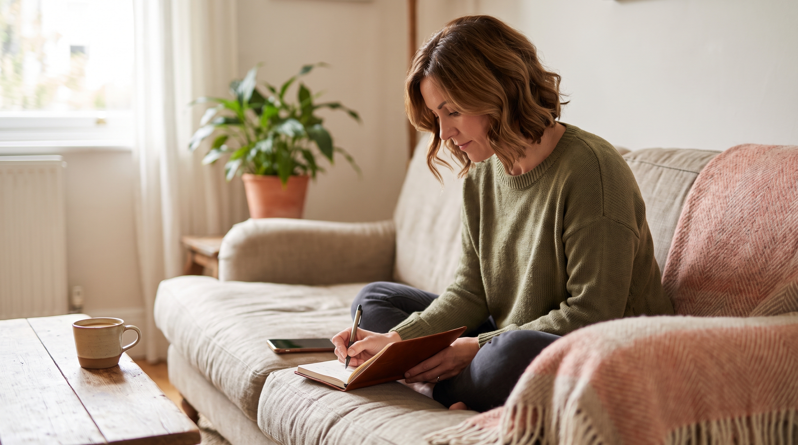 A woman sitting on a sofa writing notes in a notebook, a mug and houseplant nearby.