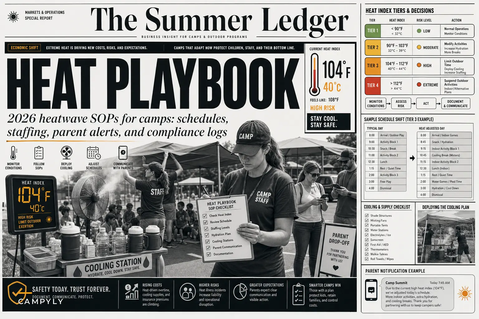 Camp playbook for the 2026 heatwave: scheduling, staffing and parent communications