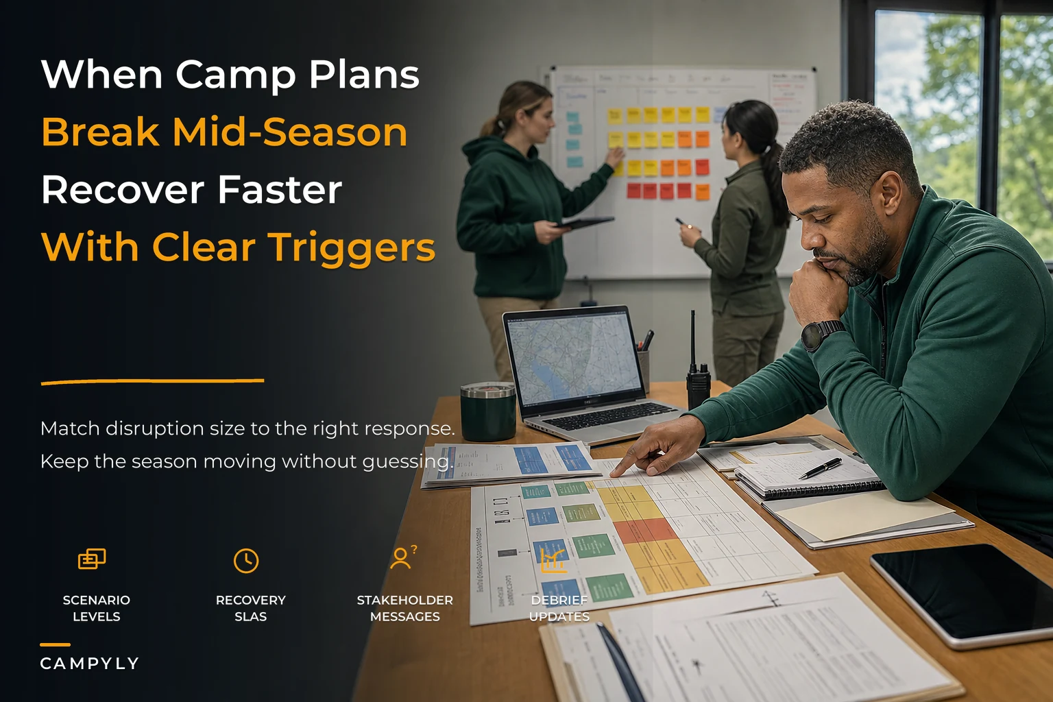 Keep the season running after disruption: a camp continuity framework with scenario playbooks and recovery SLAs
