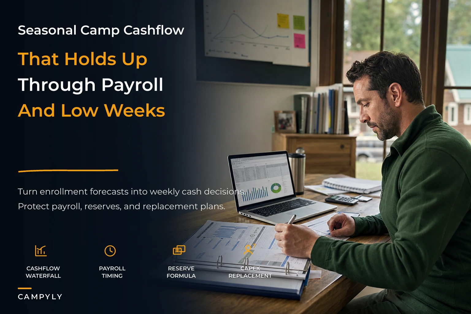 Seasonal camp finance framework for predictable cashflow and reserves