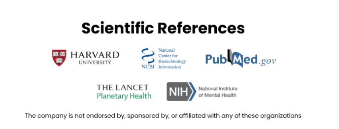Scientific References — Harvard University, NCBI, PubMed.gov, The Lancet Planetary Health, NIH National Institute of Mental Health. The company is not endorsed by, sponsored by, or affiliated with any of these organizations.