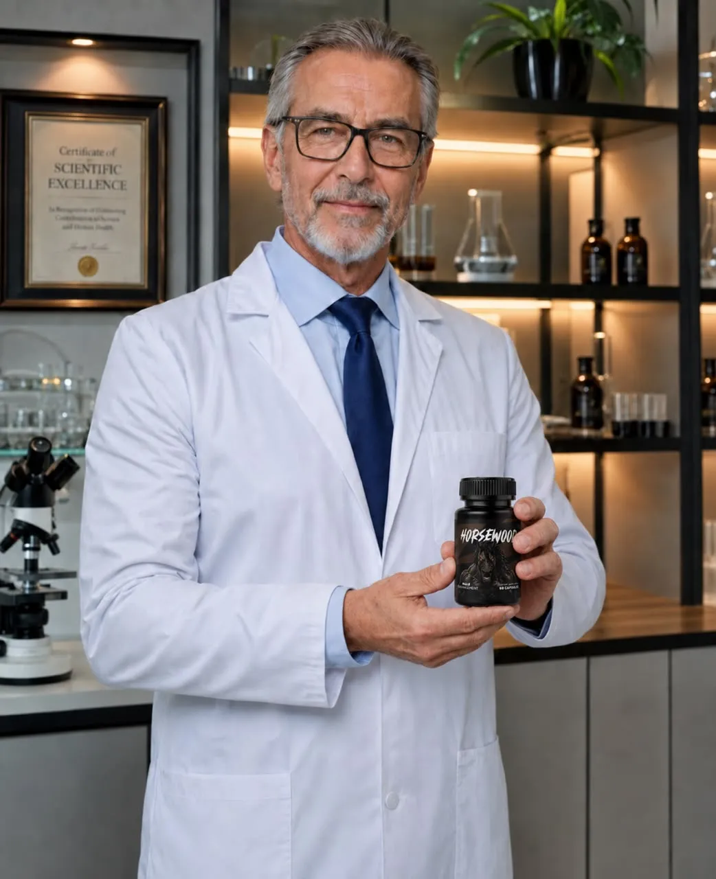 Doctor holding Horsewood bottle
