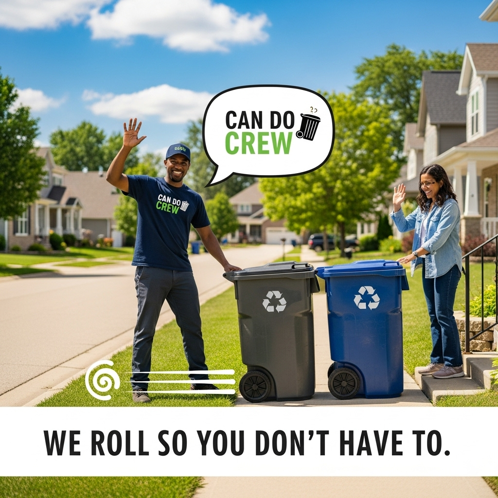 Friendly neighborhood with trash cans at the curb