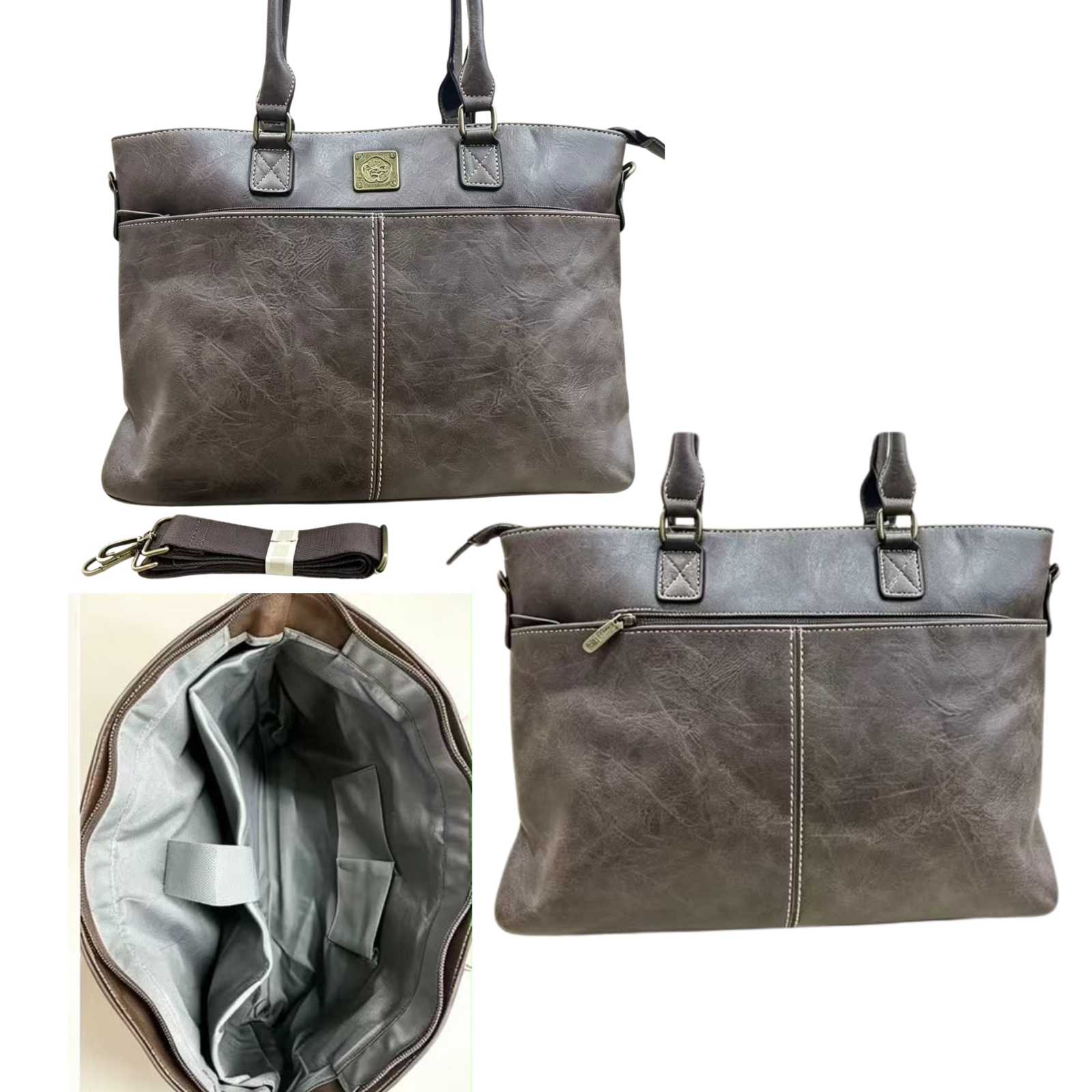 Cotton Road Distressed Leather Tote Handbag with Crossbody Strap — Coffee