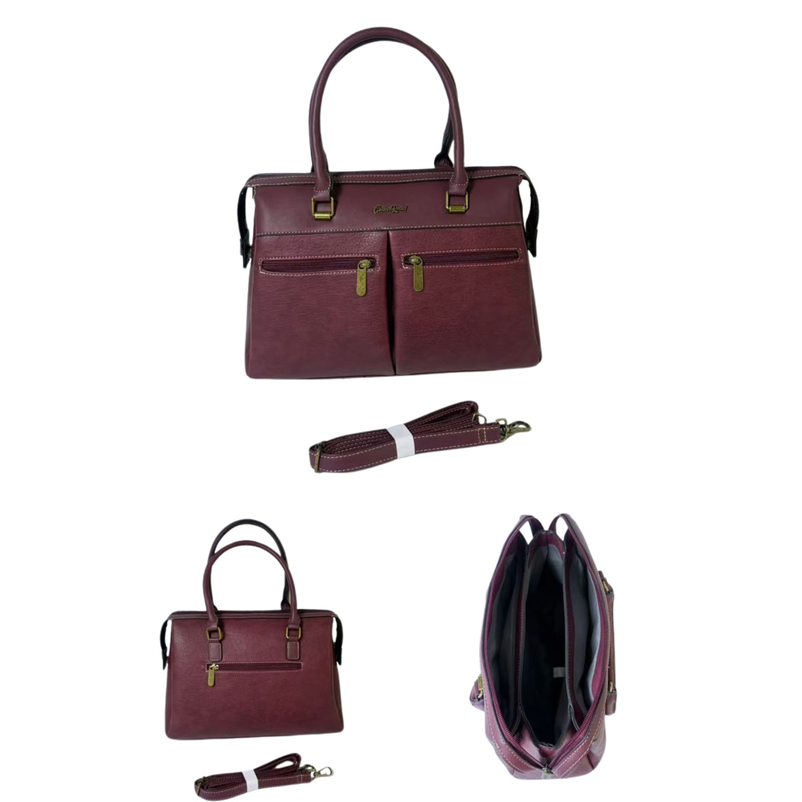 Cotton Road Structured Dual-Zip Handbag with Shoulder Strap — Khaki