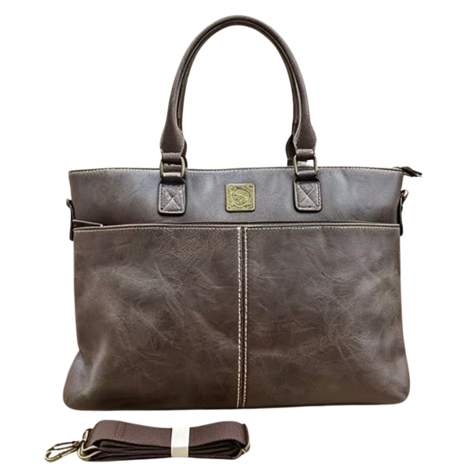 Cotton Road Distressed Leather Tote Handbag with Crossbody Strap — Coffee