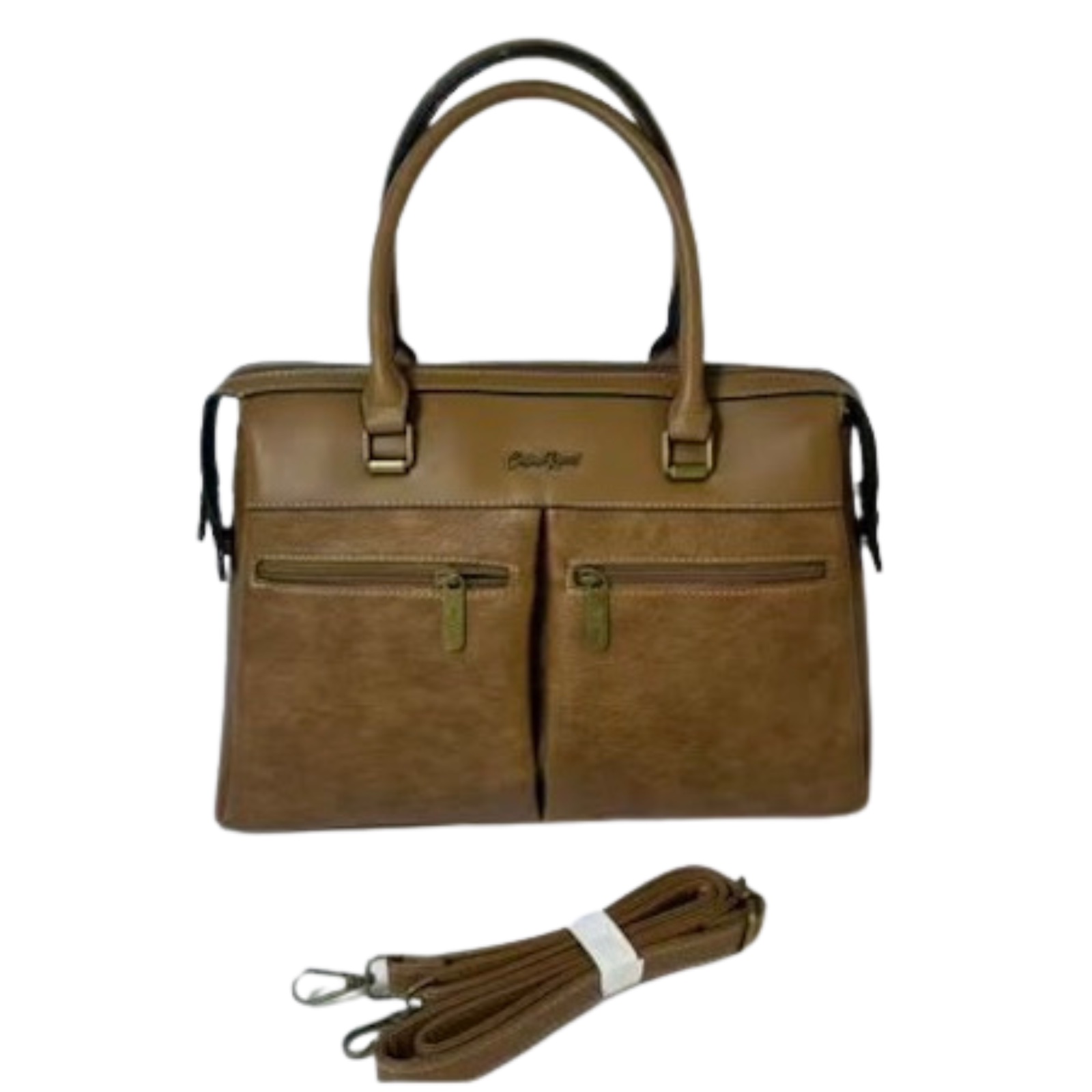 Cotton Road Structured Dual-Zip Handbag with Shoulder Strap — Khaki