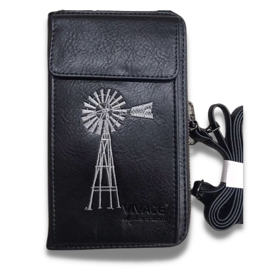 Vivace Genuine Leather Windpomp Cellphone Wallet with Strap — Black