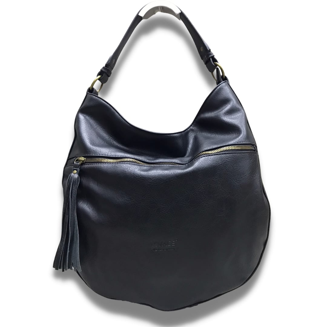 Vivace PU Leather Front Zip Tassel Handbag — Black