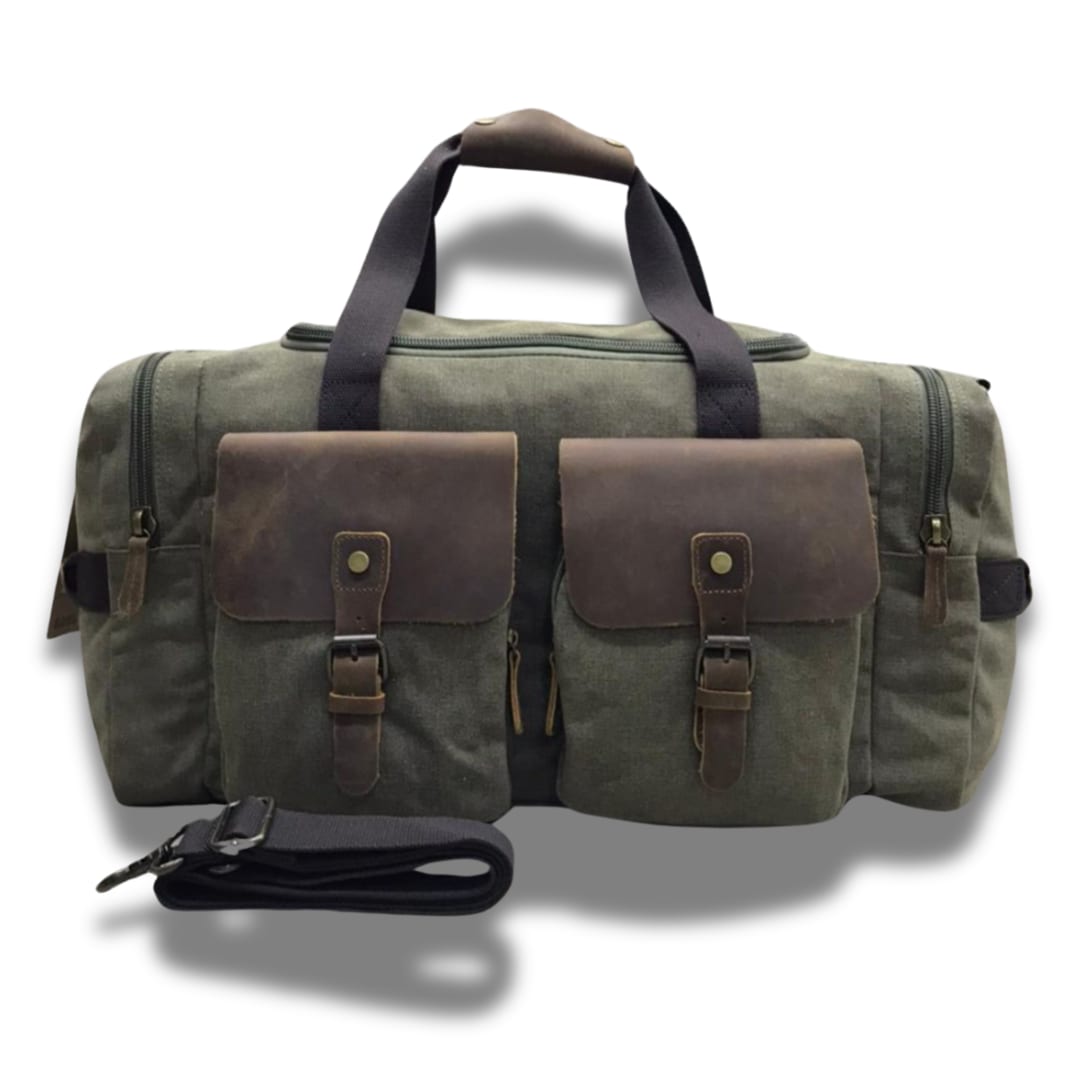 Canvas and Genuine Leather Weekender Bag - Green — Green