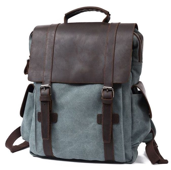 Canvas and Genuine Leather Backpack — Blue