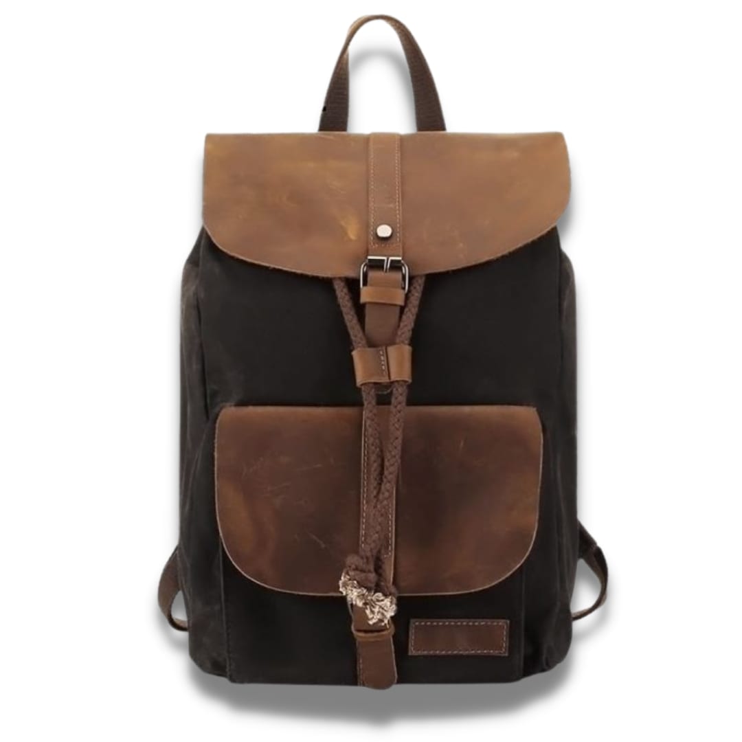 Waxed Canvas and Genuine Leather Backpack — Black