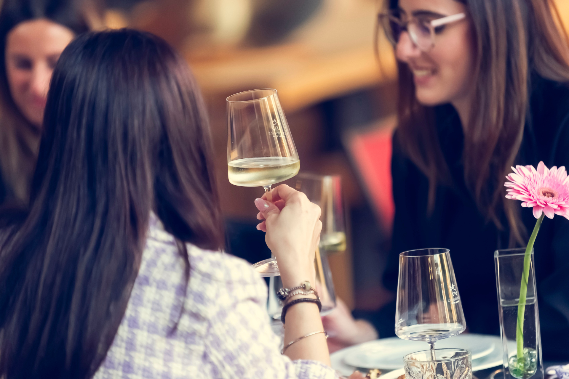 Amiche che brindano con del vino bianco.