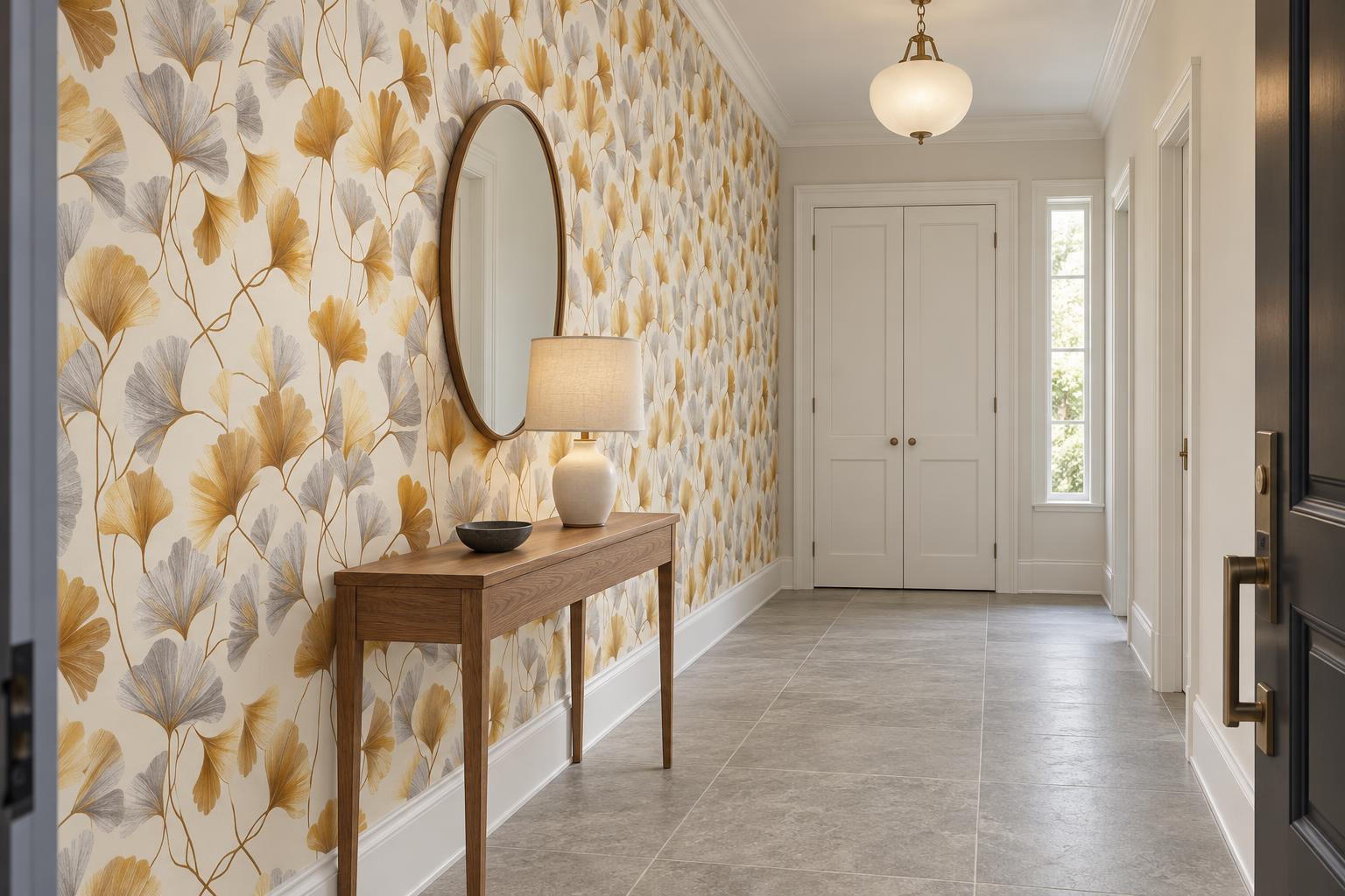 Entryway with gold-and-flax fan-leaf wallpaper, a shallow wooden console, small oval mirror, shaded lamp and pale gray stone floor.