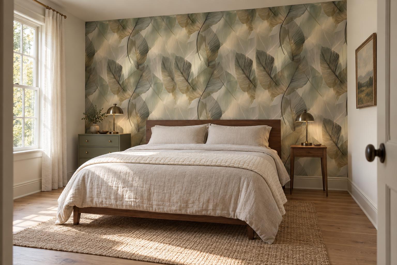 Bedroom with taupe and olive-gray leaf wallpaper, a low wooden bed, oatmeal bedding and mismatched painted and wooden bedside furniture.