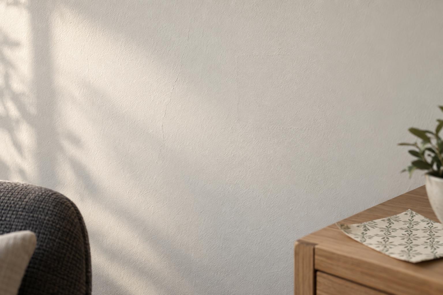 Side light reveals texture, a hairline crack and an old patch on a white wall beside an oak table holding a loose patterned swatch.