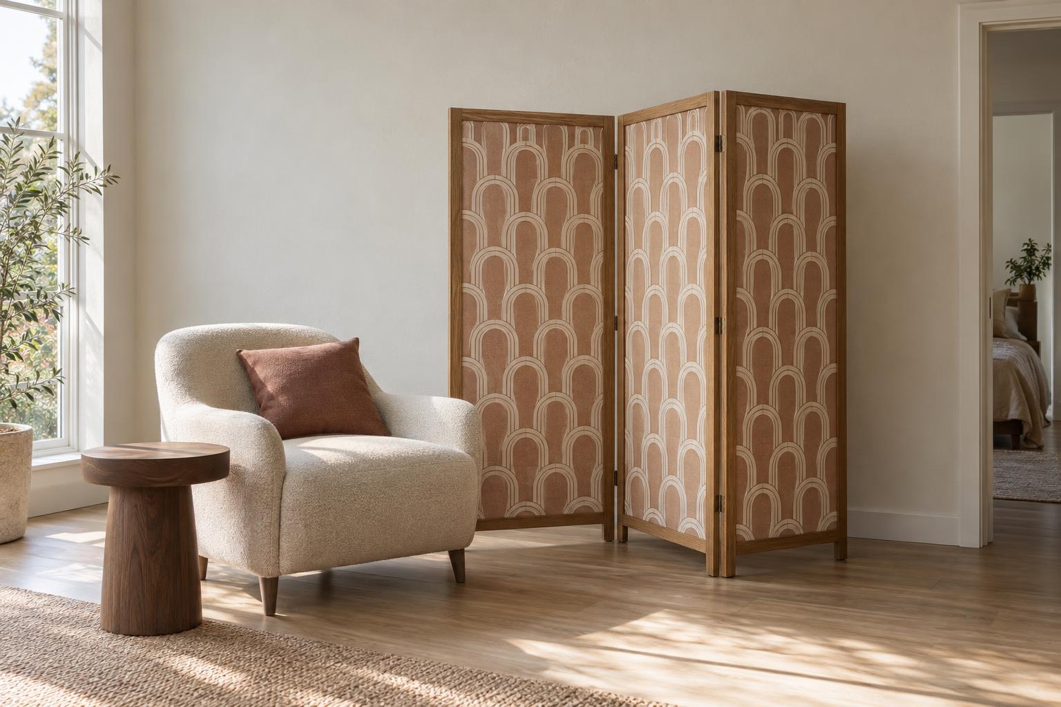 An oak folding screen with clay-and-cream arches stands beside an ivory armchair, leaving the textured rental wall bare.