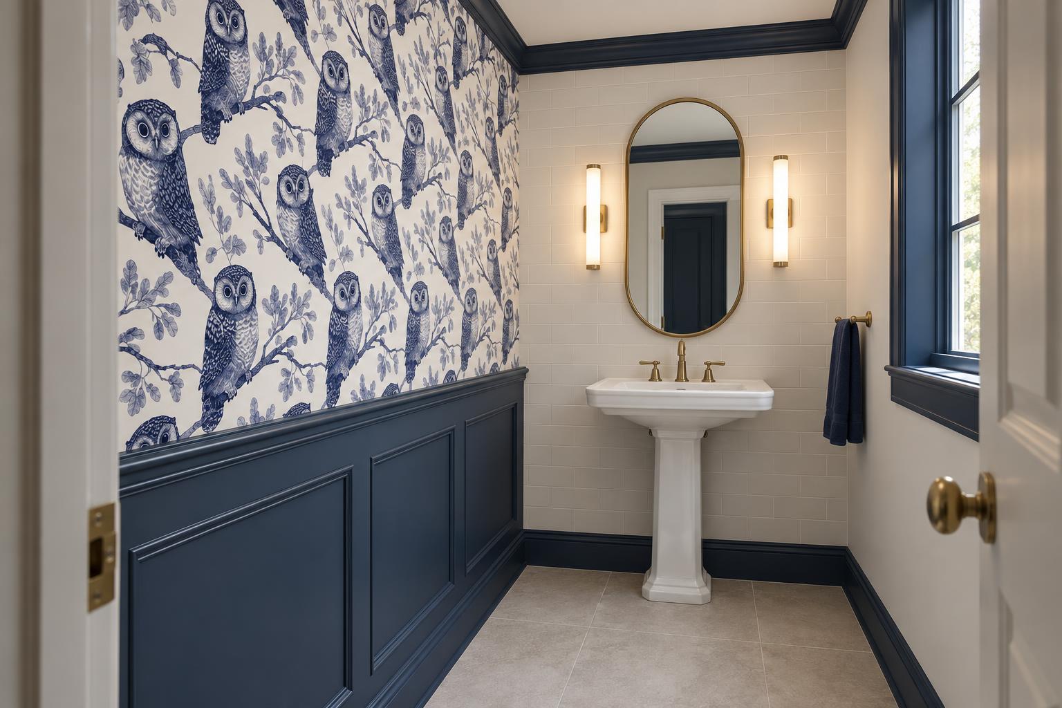 Navy owl-and-branch wallpaper above navy wainscoting on a powder-room side wall, beside a white pedestal basin and brass-framed oval mirror.