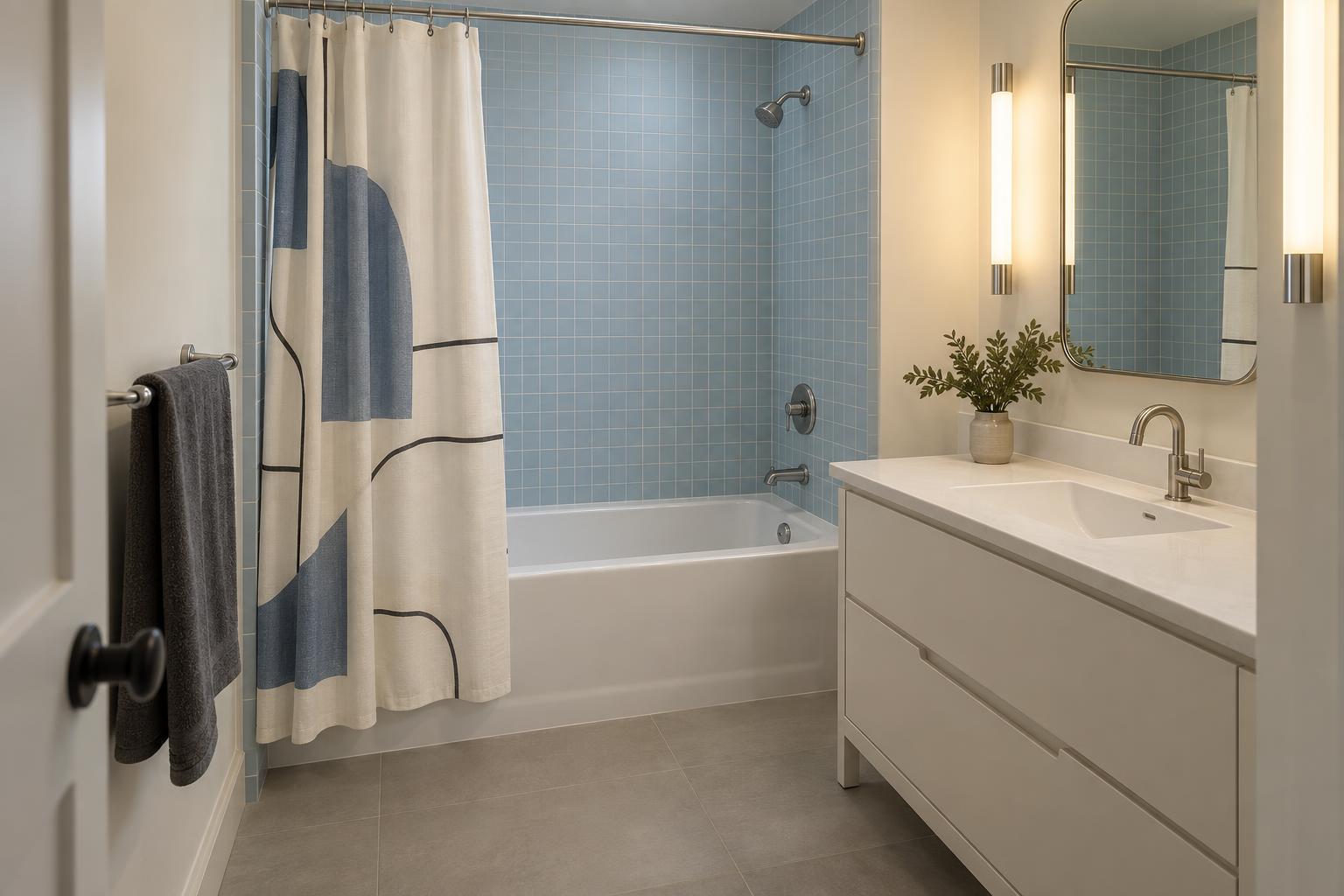 Pale-blue tiled bathtub with an ivory, blue and charcoal geometric shower curtain beside a plain ivory vanity and rounded mirror.
