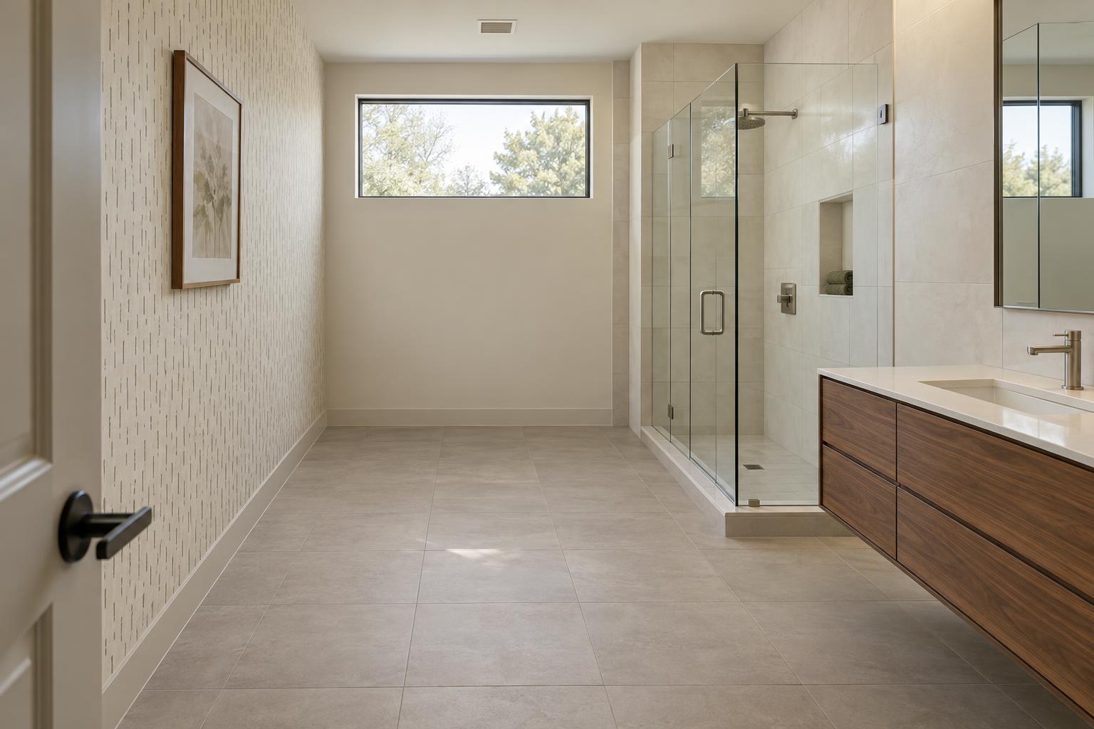 Shower bathroom with ivory tile around the enclosed shower and walnut vanity, and a fine olive-gray pattern confined to the opposite wall.
