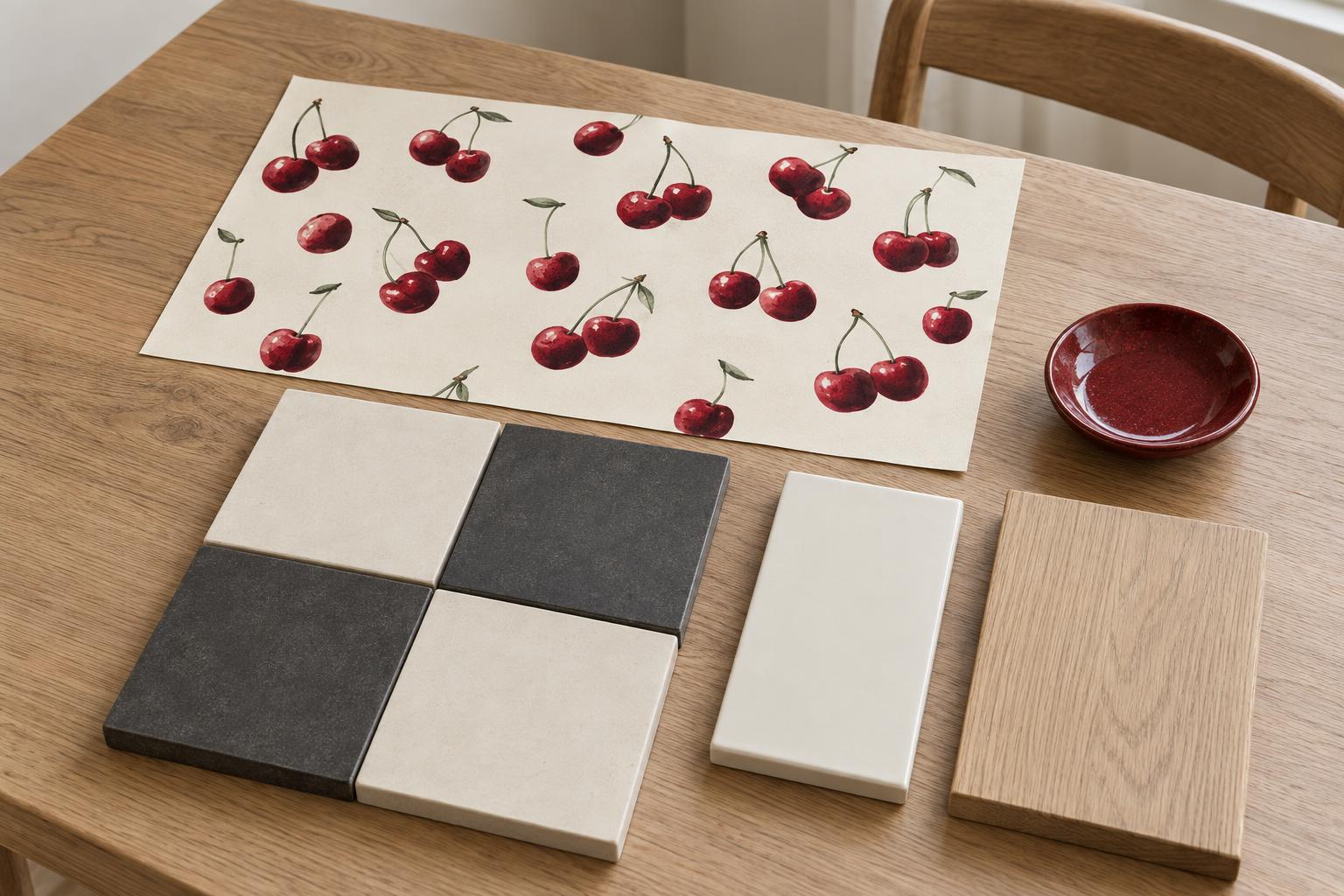 Cherry-pattern concept swatch on an oak table beside cream-and-charcoal checkerboard tiles, a plain white tile and one crimson dish.