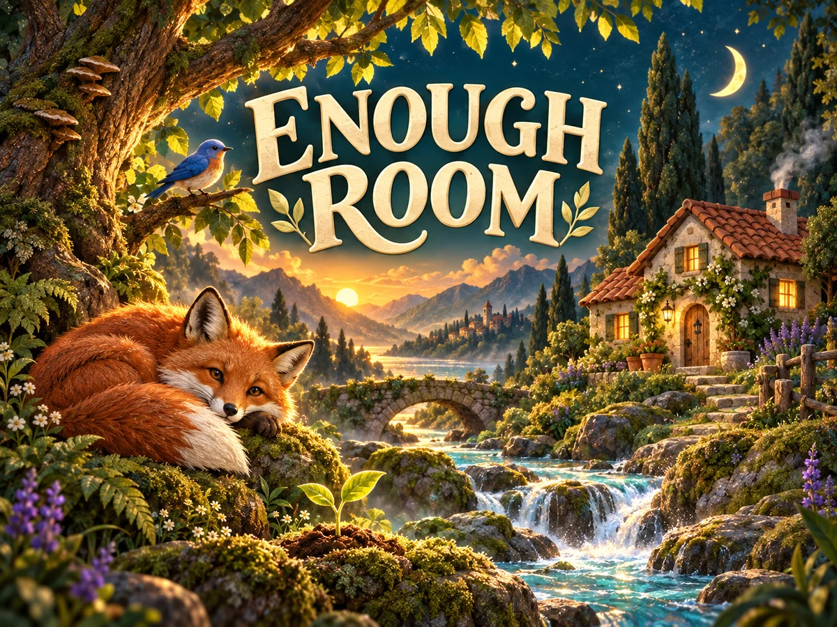 A luminous woodland sanctuary with a red fox, blue bird, cozy cottage, sculptural tree and cascading turquoise stream beneath the Enough Room title.