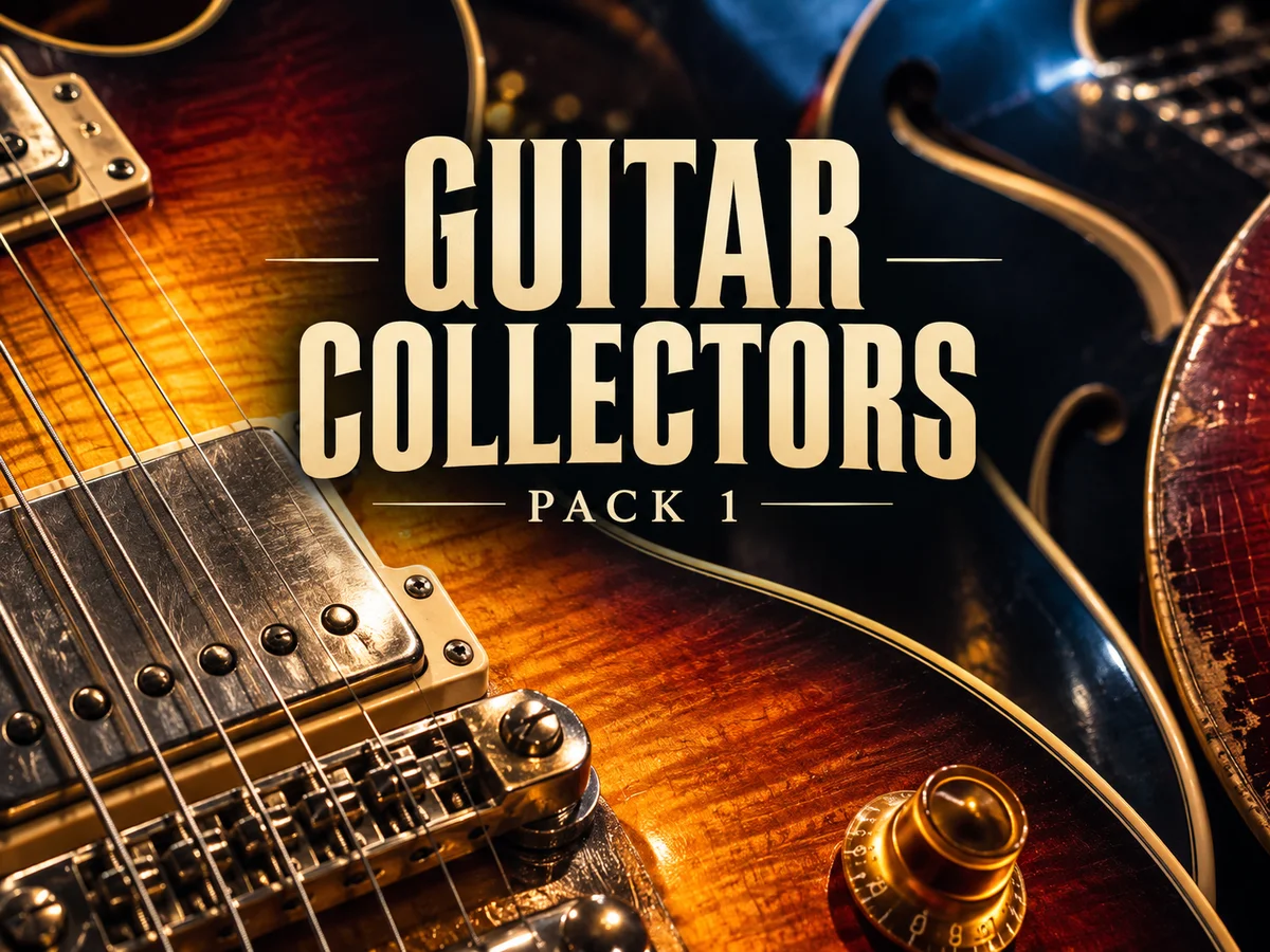 Cinematic close-ups of electric guitar strings, pickups and glowing wood grain in amber and midnight blue.