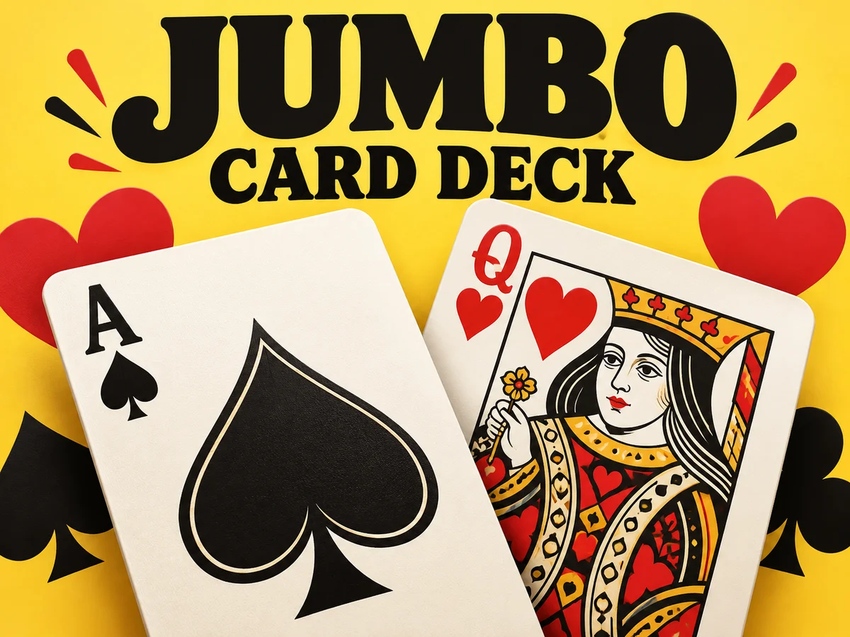 Oversized classic playing-card forms with bold red hearts and black spades on a sunny yellow graphic cover.