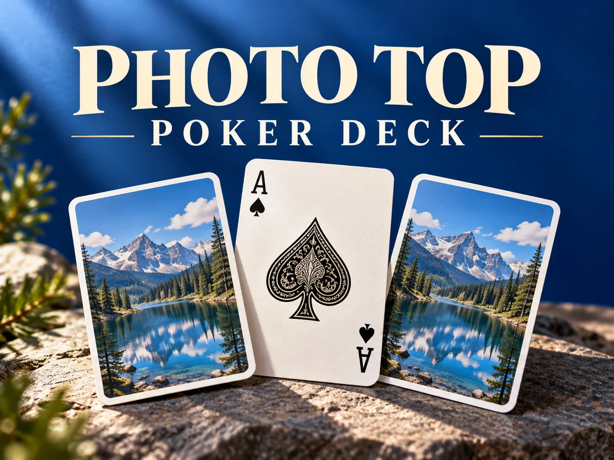 A classic ace and custom photo-backed playing cards with a sunlit mountain-lake image on a deep blue backdrop.