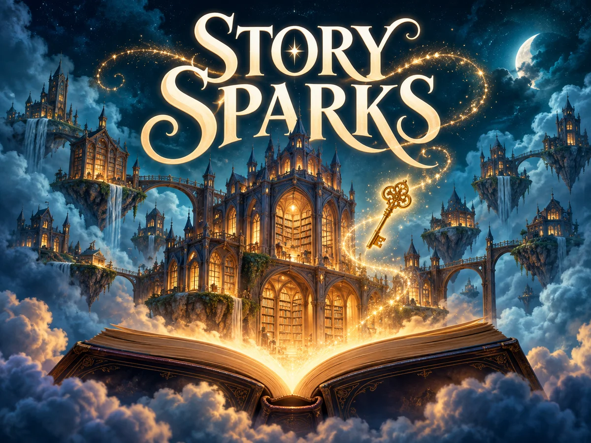 A glowing open book becomes a floating library, with a mysterious golden key and trails of story sparks.