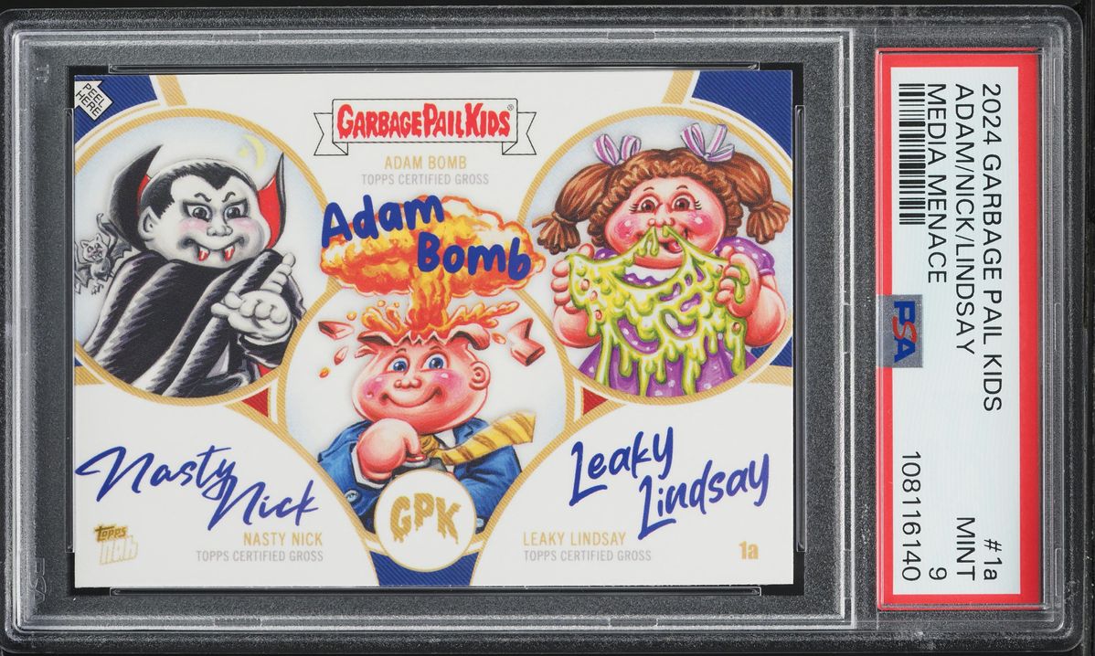 2024 Topps Garbage Pail Kids Media Menace #1a Nasty Nick, Adam Bomb, Leaky Lindsay front