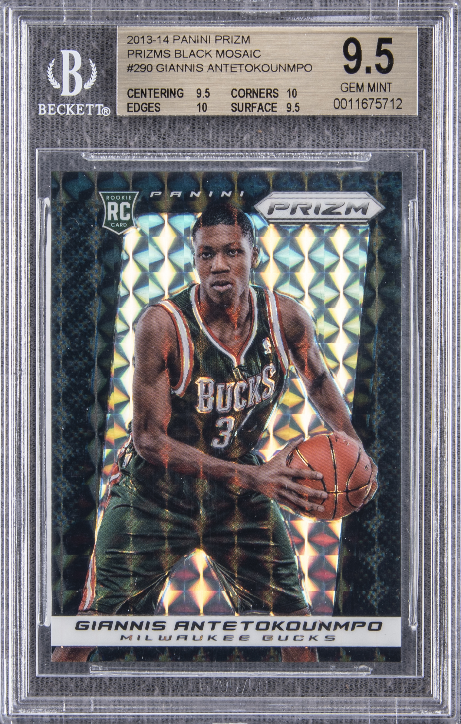 Giannis Antetokounmpo 2013-14 Panini Prizm "Prizms Black Mosaic" #290 Giannis Antetokounmpo Rookie Card (#1/1) – BGS GEM MT 9.5 card from Card Ladder