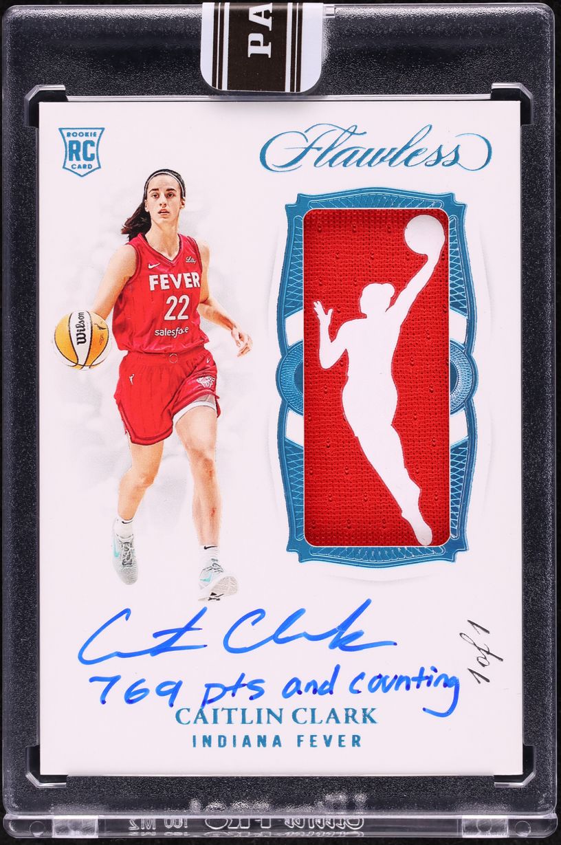 2024 Panini Flawless WNBA Platinum Caitlin Clark rookie Logowoman patch autograph 1/1 card image from Card Ladder