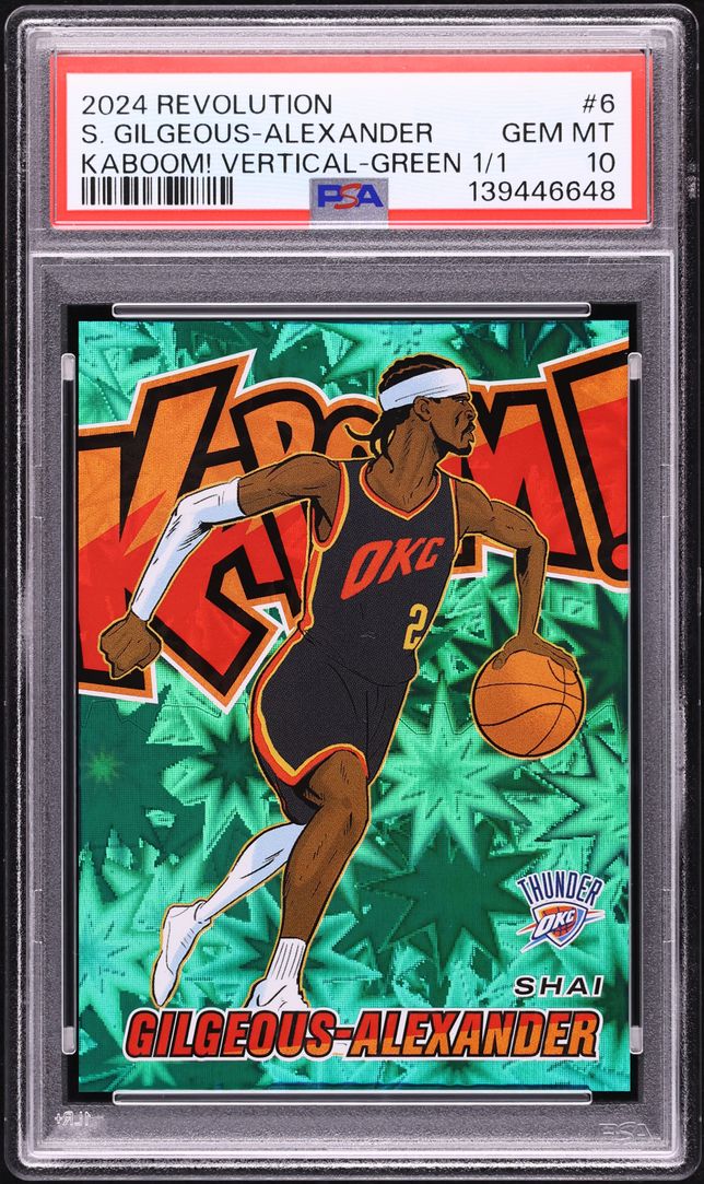 Shai Gilgeous-Alexander 2024 Panini Revolution Kaboom! Vertical Green Shai Gilgeous-Alexander 1/1 #6 PSA 10 GEM MINT card from Card Ladder