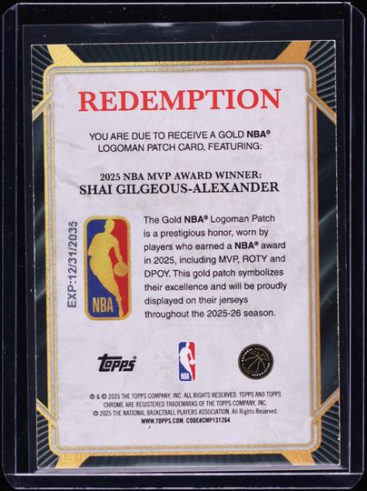 Shai Gilgeous-Alexander 2025 Topps Chrome MVP Award Gold NBA Logoman Patch Card Shai Gilgeous-Alexander /4, Scratched card from Card Ladder