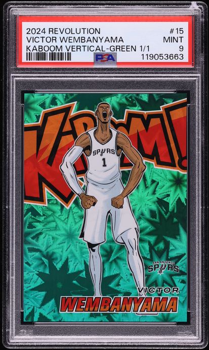 Victor Wembanyama 2024 Panini Revolution Kaboom! Vertical Green Victor Wembanyama 1/1 #15 PSA 9 MINT card from Card Ladder