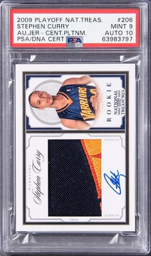 Steph Curry 2009-10 Panini National Treasures Autograph Jersey Century Platinum #206 Stephen Curry Signed Patch Rookie Card (#4/5) – PSA MINT 9, PSA/DNA 10 – Pop 1 card from Card Ladder