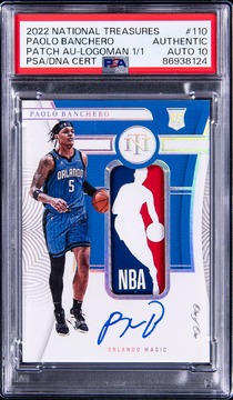 Paolo Banchero 2022-23 Panini National Treasures Rookie Patch Autograph (RPA) Logoman #110 Paolo Banchero Signed Patch Rookie Card (#1/1) - PSA Authentic, PSA/DNA GEM MT 10 card from Card Ladder