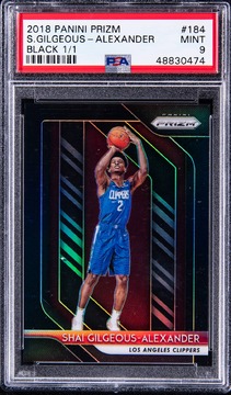 Shai Gilgeous-Alexander 2018-19 Panini Prizm Black Prizm #184 Shai Gilgeous-Alexander Rookie Card (#1/1) - PSA MINT 9 card from Card Ladder