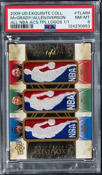 2009-10 Upper Deck Exquisite Collection All NBA Access Triple Logos #TL-AIM Allen Iverson/Ray Allen/Tracy McGrady Game-Used Logoman Patch Card (#1/1) - McGrady's Jersey Number - PSA NM-MT 8 card image from Card Ladder